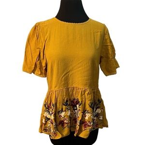 Anthropologie Bhanuni by Jyoti Mustard Yellow Embellished Peplum Top Size small